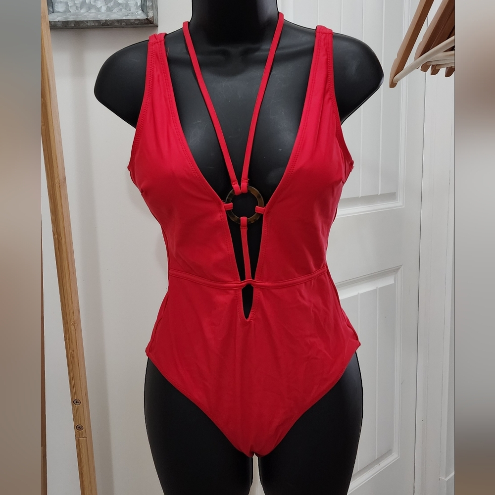 One Piece swimsuit size small, beautiful red, lined cups, tie back.